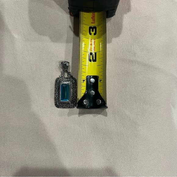 Sterling Silver Rectangle Blue Aura Quartz Filigree Pendant Necklace Charm - Picture 6 of 9